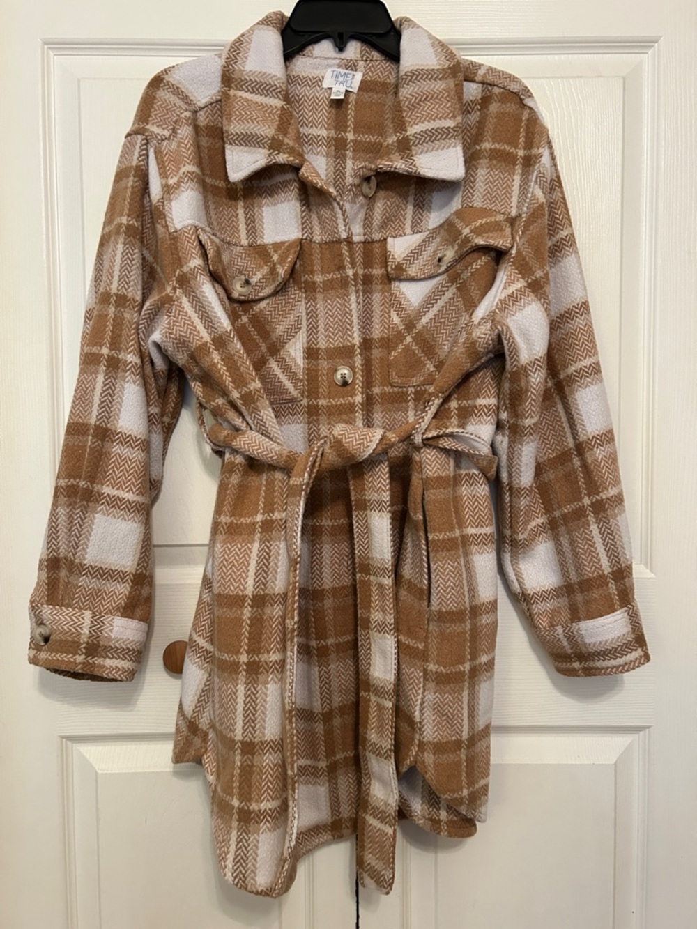 Time and Tru Tan Plaid Belted Heavyweight Shacket Jacket - Women
